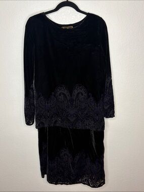 Vintage Mirasol Black with Purple Burnout Velvet Paisley Design Skirt Set Size M
